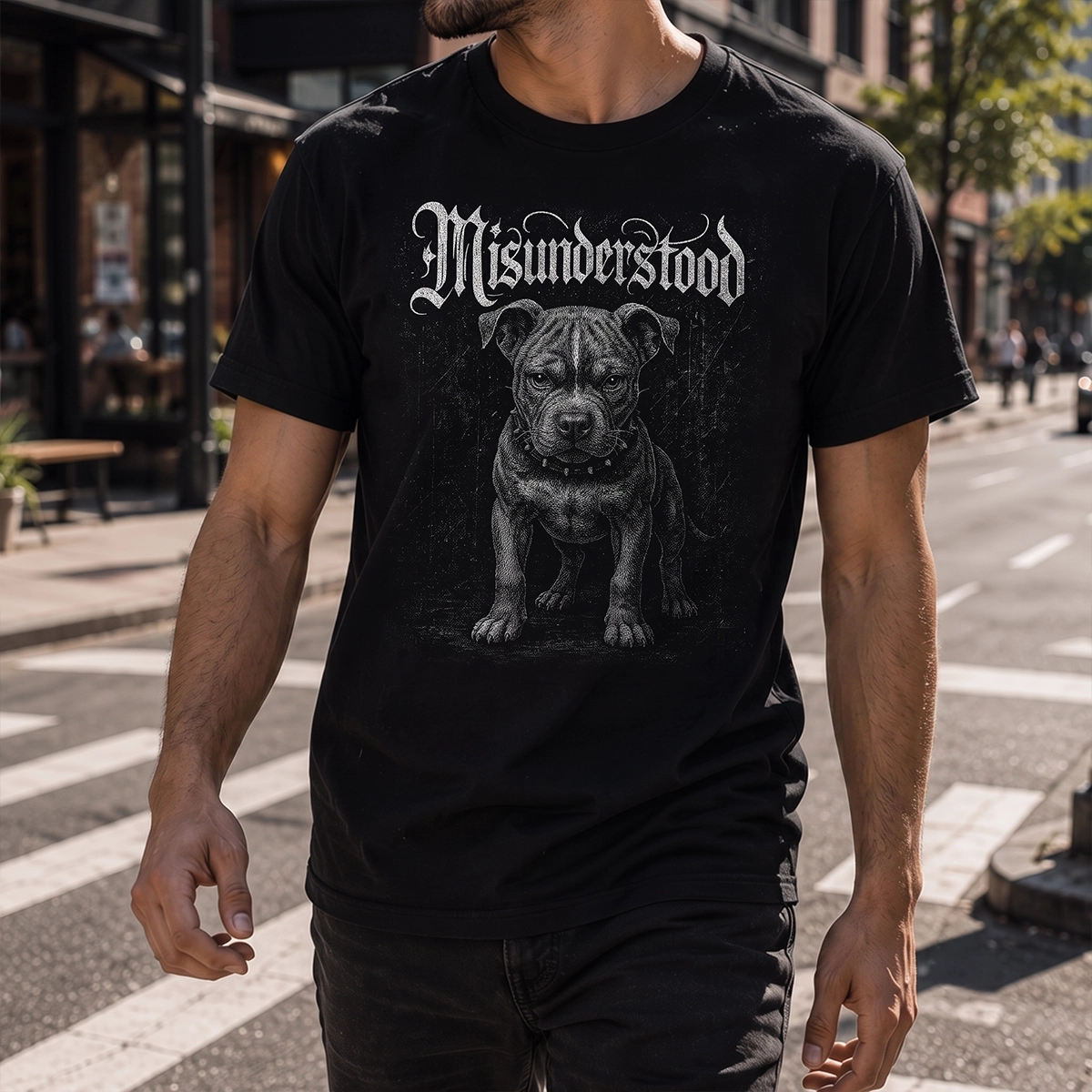 Man wearing black t-shirt with a pit bull puppy graphic and the word Misunderstood in a gothic font