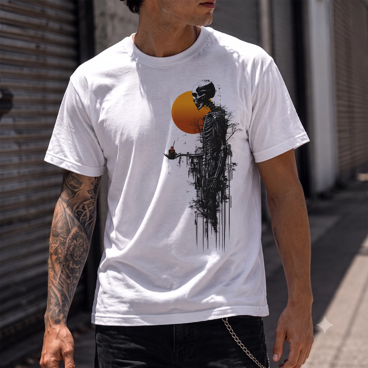 White t-shirt featuring a graphic of a black skeleton silhouette in front of a large orange sun