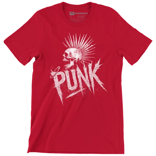 Red t-shirt featuring a white skull with a spiked mohawk above the word PUNK in a jagged, distressed font
