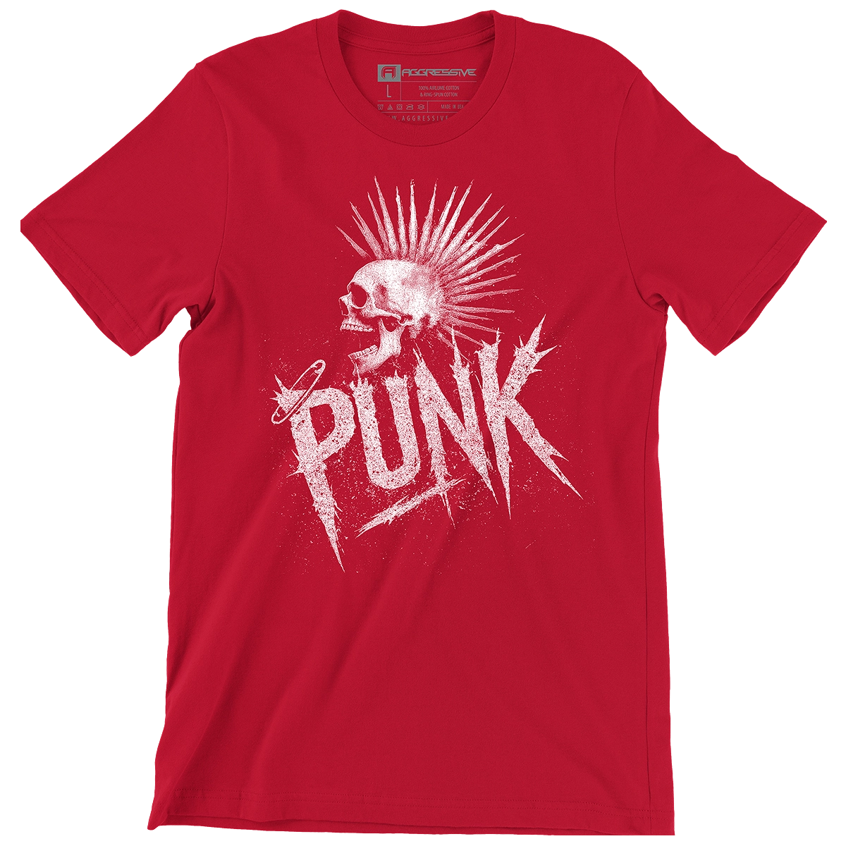 Red t-shirt featuring a white skull with a spiked mohawk above the word PUNK in a jagged, distressed font