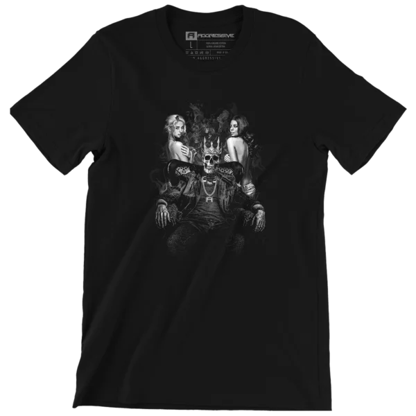 Black t-shirt with a grayscale graphic of a crowned skeleton on a throne flanked by two women