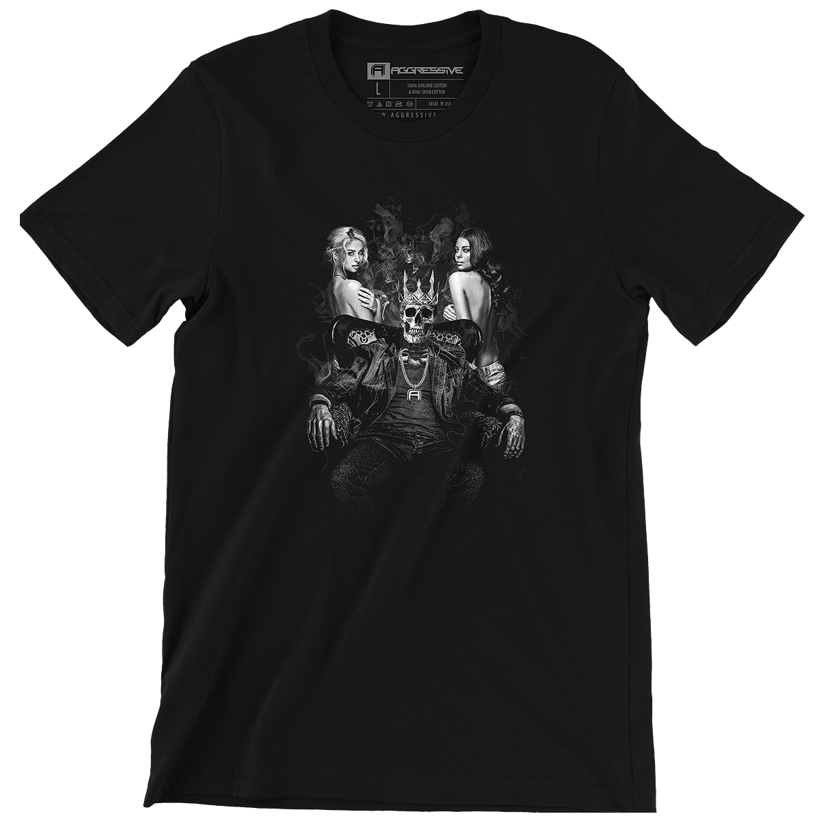 Black t-shirt with a grayscale graphic of a crowned skeleton on a throne flanked by two women
