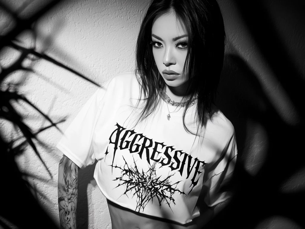 Woman with tattoos wearing a white crop top with the word AGGRESSIVE in a metal-style font
